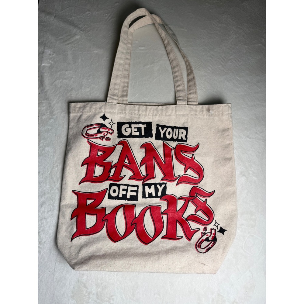Get Your Bans Off My Books Canvas Tote Bag Cream Red Black Graphic Advocacy